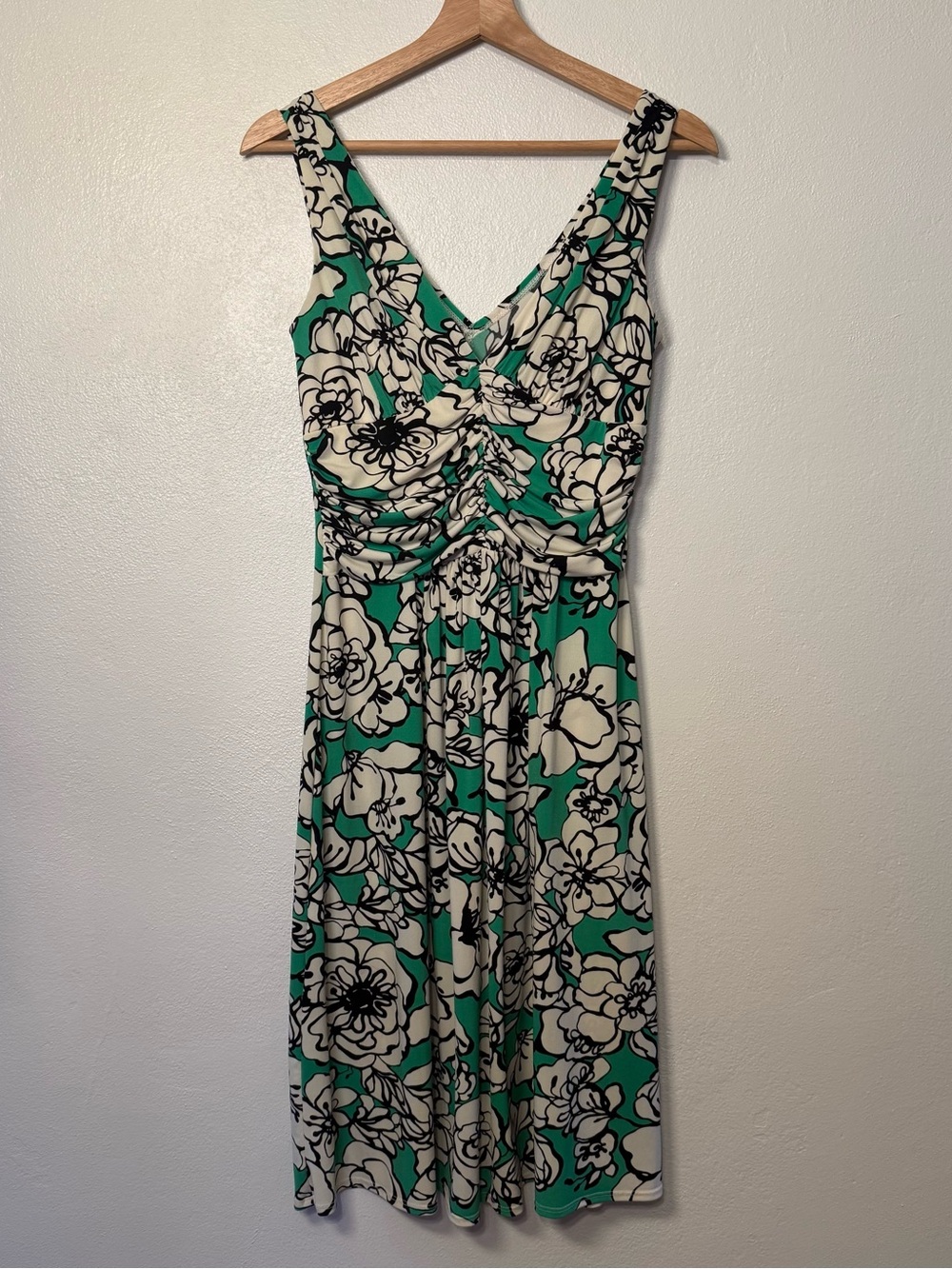 Bisou Bisou Green & Ivory Floral Print Y2K Midi Dress Ruche Detail Womens Size 8 - Picture 3 of 16